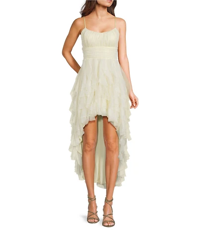 Pear Culture Foiled Mesh Scoop Neck Corkscrew Ruffled High-Low Dress