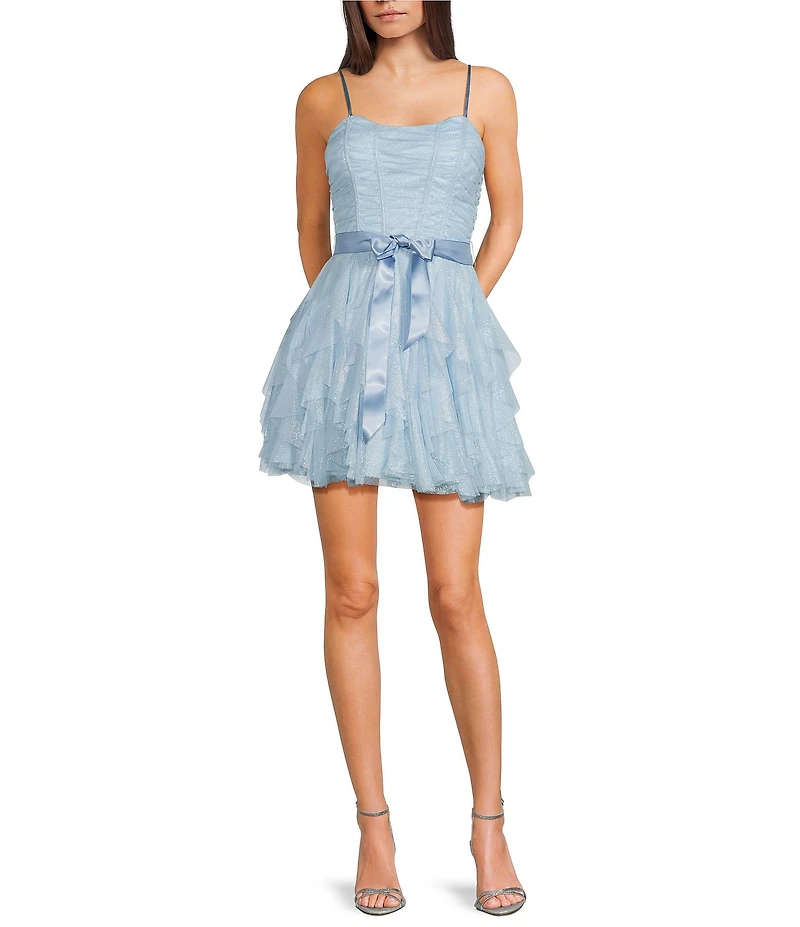 Pear Culture Foiled Mesh Sweetheart Neck Corseted Tie Waist Fit-And-Flare Ruffled Dress