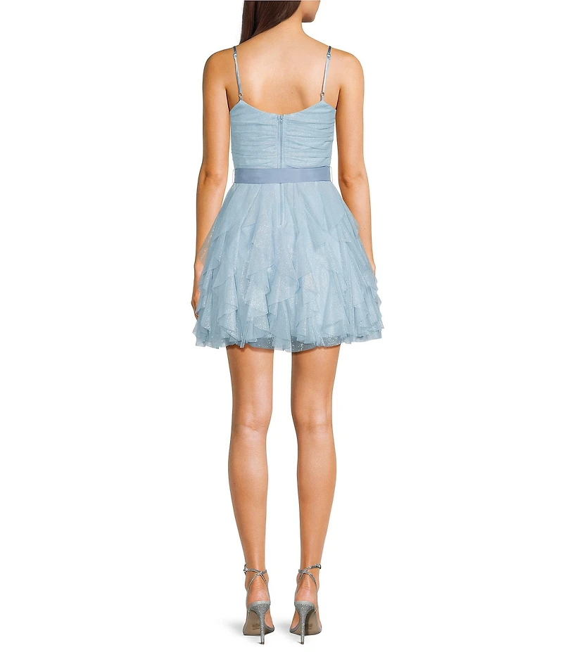 Pear Culture Foiled Mesh Sweetheart Neck Corseted Tie Waist Fit-And-Flare Ruffled Dress