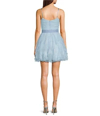 Pear Culture Foiled Mesh Sweetheart Neck Corseted Tie Waist Fit-And-Flare Ruffled Dress