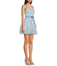 Pear Culture Foiled Mesh Sweetheart Neck Corseted Tie Waist Fit-And-Flare Ruffled Dress