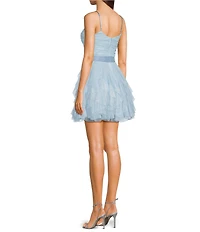 Pear Culture Foiled Mesh Sweetheart Neck Corseted Tie Waist Fit-And-Flare Ruffled Dress
