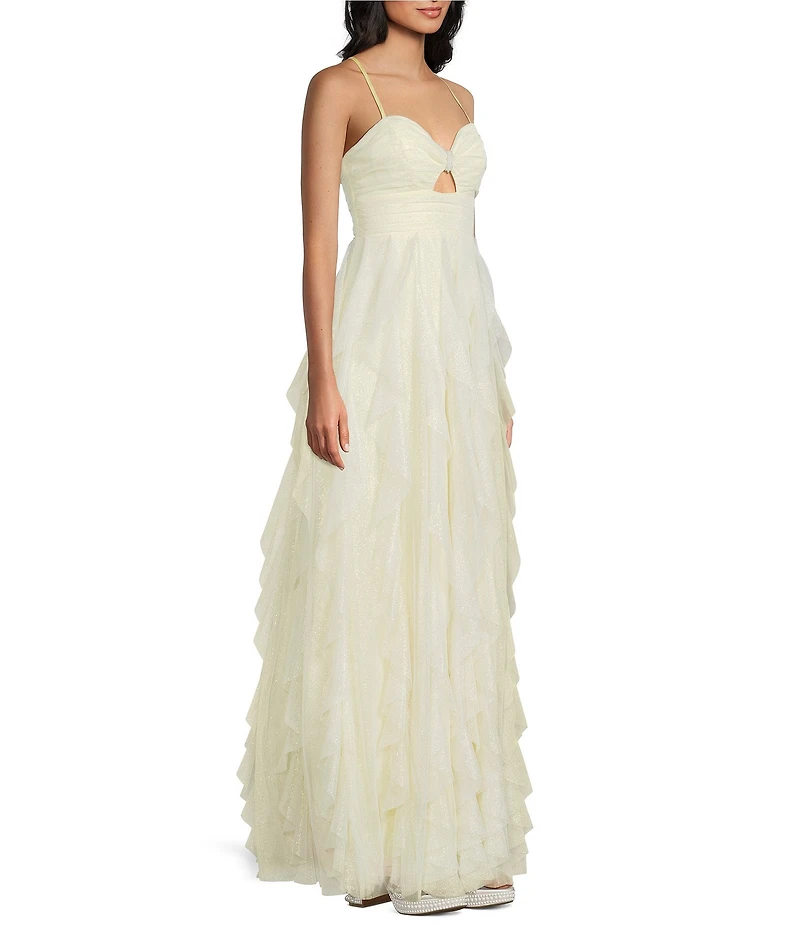 Pear Culture Foiled Mesh Sweetheart Neck Keyhole Front Corkscrew Skirted Ball Gown