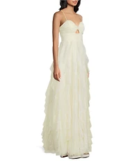 Pear Culture Foiled Mesh Sweetheart Neck Keyhole Front Corkscrew Skirted Ball Gown