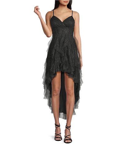 Pear Culture Glitter Mesh Corkscrew High-Low Dress