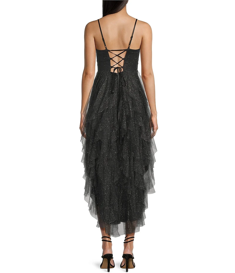 Pear Culture Glitter Mesh Corkscrew High-Low Dress