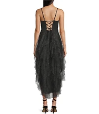 Pear Culture Glitter Mesh Corkscrew High-Low Dress