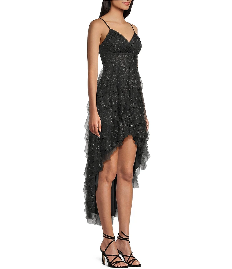Pear Culture Glitter Mesh Corkscrew High-Low Dress