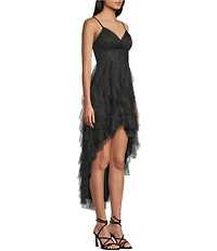 Pear Culture Glitter Mesh Corkscrew High-Low Dress