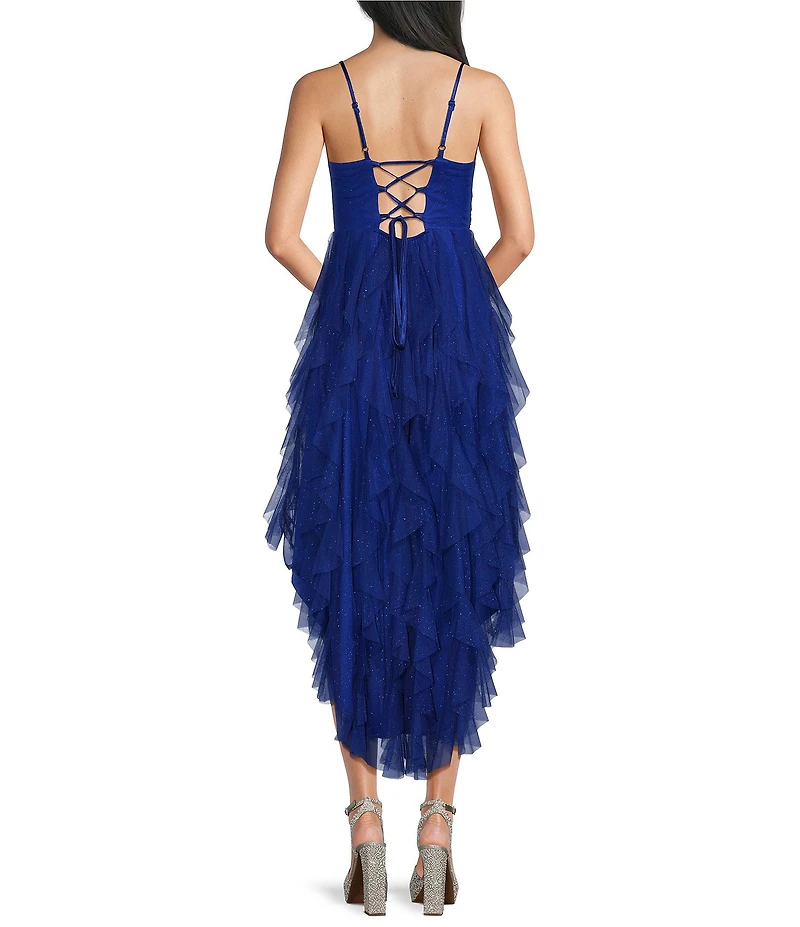 Pear Culture Glitter Mesh Corkscrew High-Low Dress