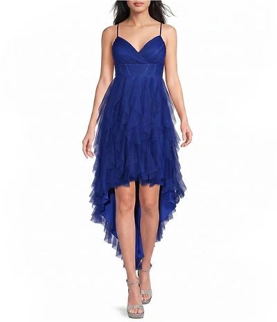 Pear Culture Glitter Mesh Corkscrew High-Low Dress