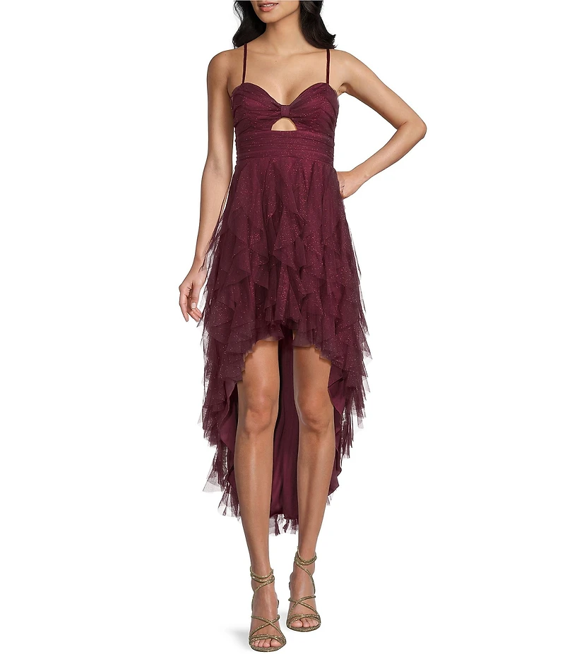 Pear Culture Glitter Mesh Cutout Corkscrew Hi-Low Dress