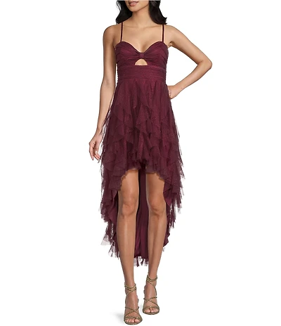 Pear Culture Glitter Mesh Cutout Corkscrew Hi-Low Dress