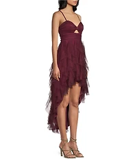 Pear Culture Glitter Mesh Cutout Corkscrew Hi-Low Dress