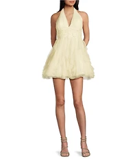 Pear Culture Glitter Mesh Halter V-Neck Applique Corkscrew Fit And Flare Dress