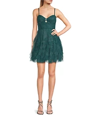 Pear Culture Glitter Mesh Keyhole Front Corset Lace Up Back Fit And Flare Dress