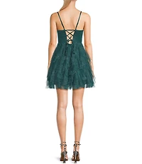 Pear Culture Glitter Mesh Keyhole Front Corset Lace Up Back Fit And Flare Dress