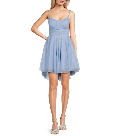 Pear Culture Glitter Mesh Pearl Strap Scoop Neck Hi-Low Dress