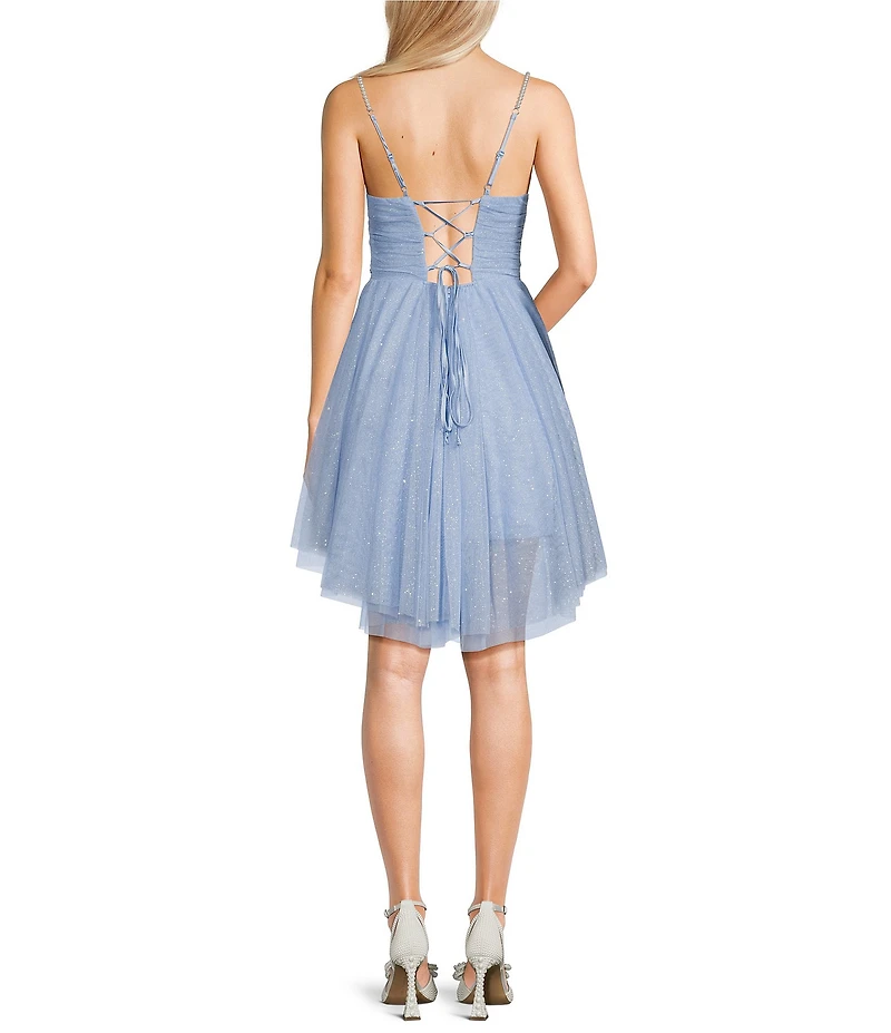 Pear Culture Glitter Mesh Pearl Strap Scoop Neck Hi-Low Dress