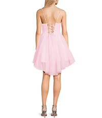 Pear Culture Glitter Mesh Pearl Strap Scoop Neck Hi-Low Dress
