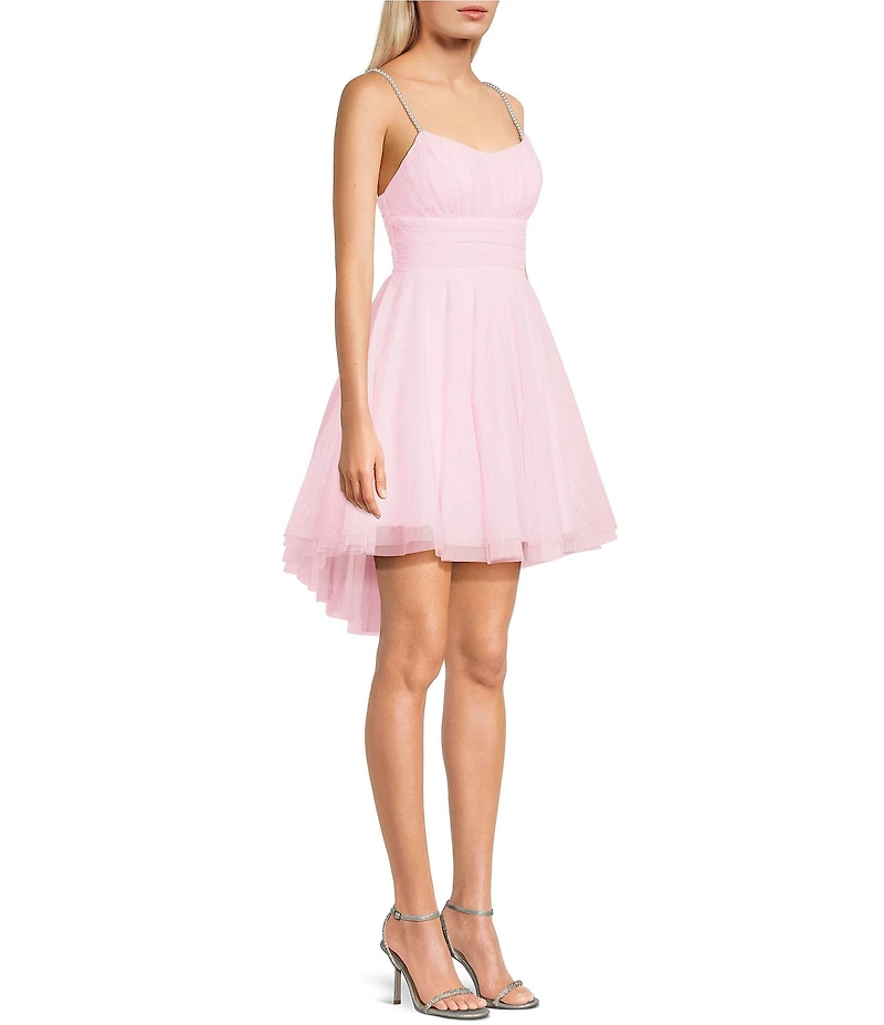 Pear Culture Glitter Mesh Pearl Strap Scoop Neck Hi-Low Dress