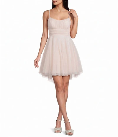 Pear Culture Glitter Mesh Pearl Strap Scoop Neck Hi-Low Dress