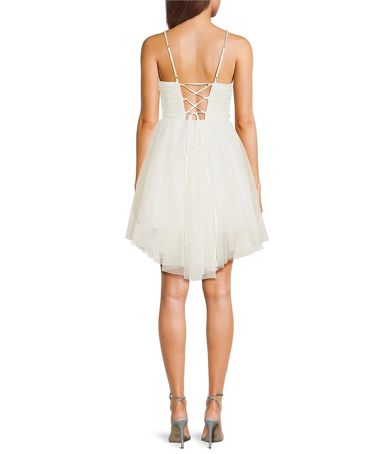 Pear Culture Glitter Mesh Pearl Strap Scoop Neck Hi-Low Dress