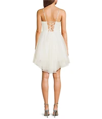 Pear Culture Glitter Mesh Pearl Strap Scoop Neck Hi-Low Dress