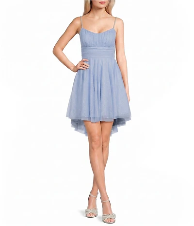 Pear Culture Glitter Mesh Pearl Strap Scoop Neck Hi-Low Dress