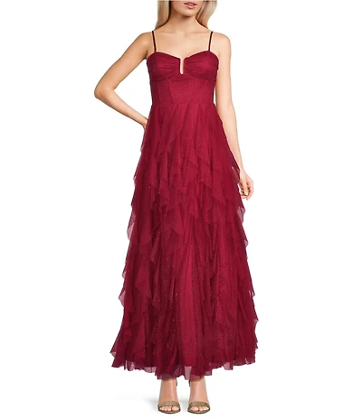 Pear Culture Glitter-Mesh Pleated Notch V-Neck Tiered Ruffle Ballgown