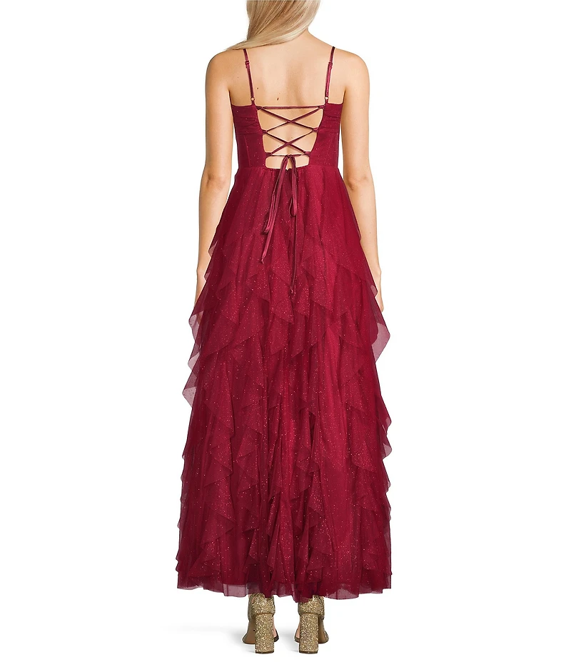 Pear Culture Glitter-Mesh Pleated Notch V-Neck Tiered Ruffle Ballgown