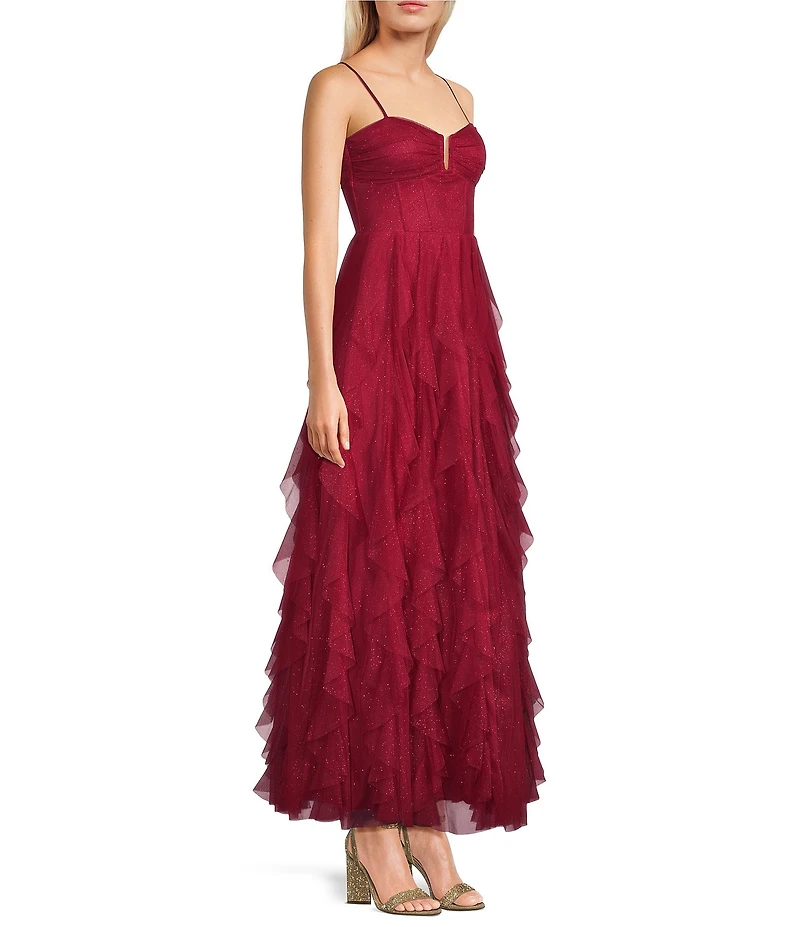 Pear Culture Glitter-Mesh Pleated Notch V-Neck Tiered Ruffle Ballgown