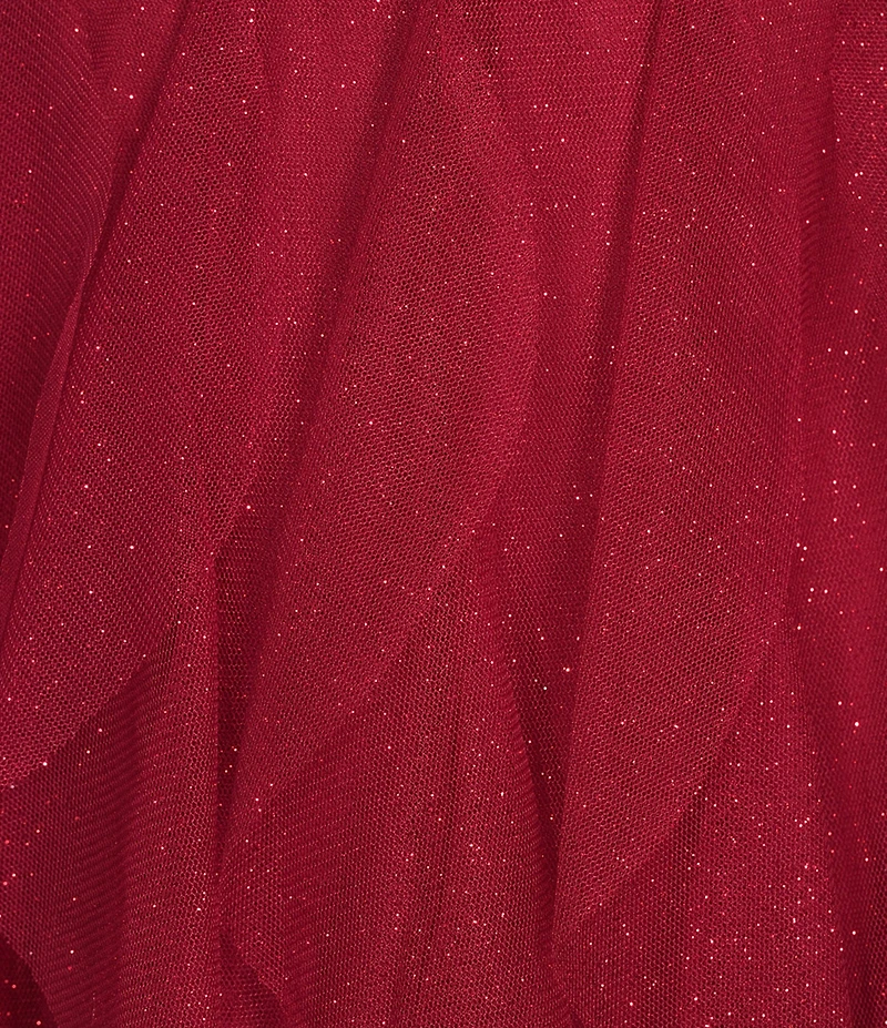 Pear Culture Glitter-Mesh Pleated Notch V-Neck Tiered Ruffle Ballgown