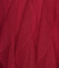 Pear Culture Glitter-Mesh Pleated Notch V-Neck Tiered Ruffle Ballgown