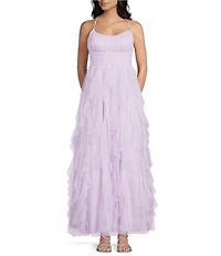 Pear Culture Glitter Mesh Pleated Scoop Neck Ruffled Ballgown