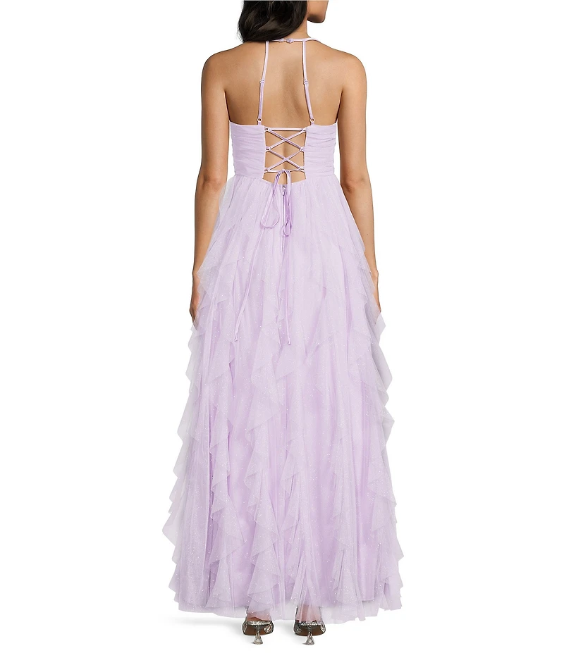 Pear Culture Glitter Mesh Pleated Scoop Neck Ruffled Ballgown