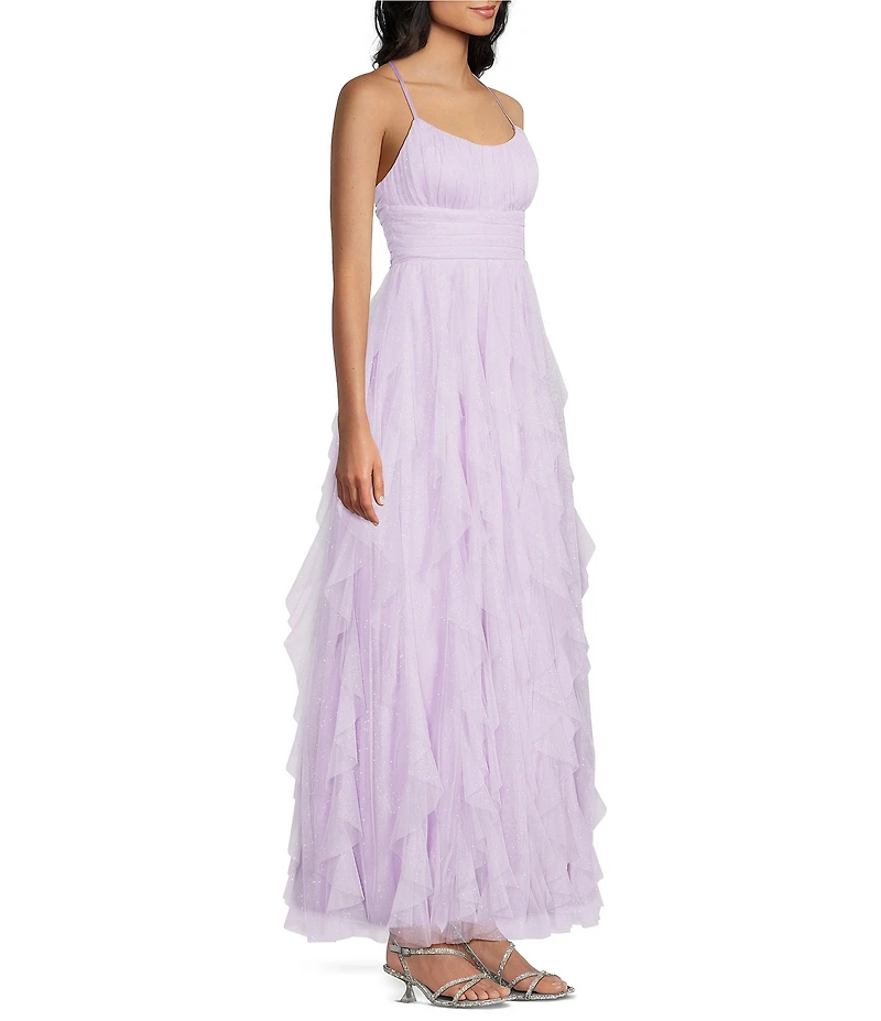 Pear Culture Glitter Mesh Pleated Scoop Neck Ruffled Ballgown