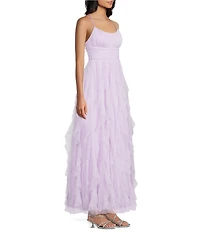 Pear Culture Glitter Mesh Pleated Scoop Neck Ruffled Ballgown