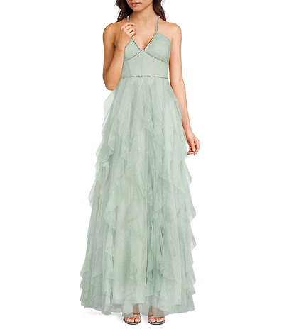 Pear Culture Glitter Mesh Rhinestone Halter Neck Corseted Ruffled Dress