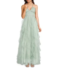 Pear Culture Glitter Mesh Rhinestone Halter Neck Corseted Ruffled Dress