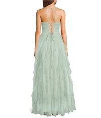 Pear Culture Glitter Mesh Rhinestone Halter Neck Corseted Ruffled Dress