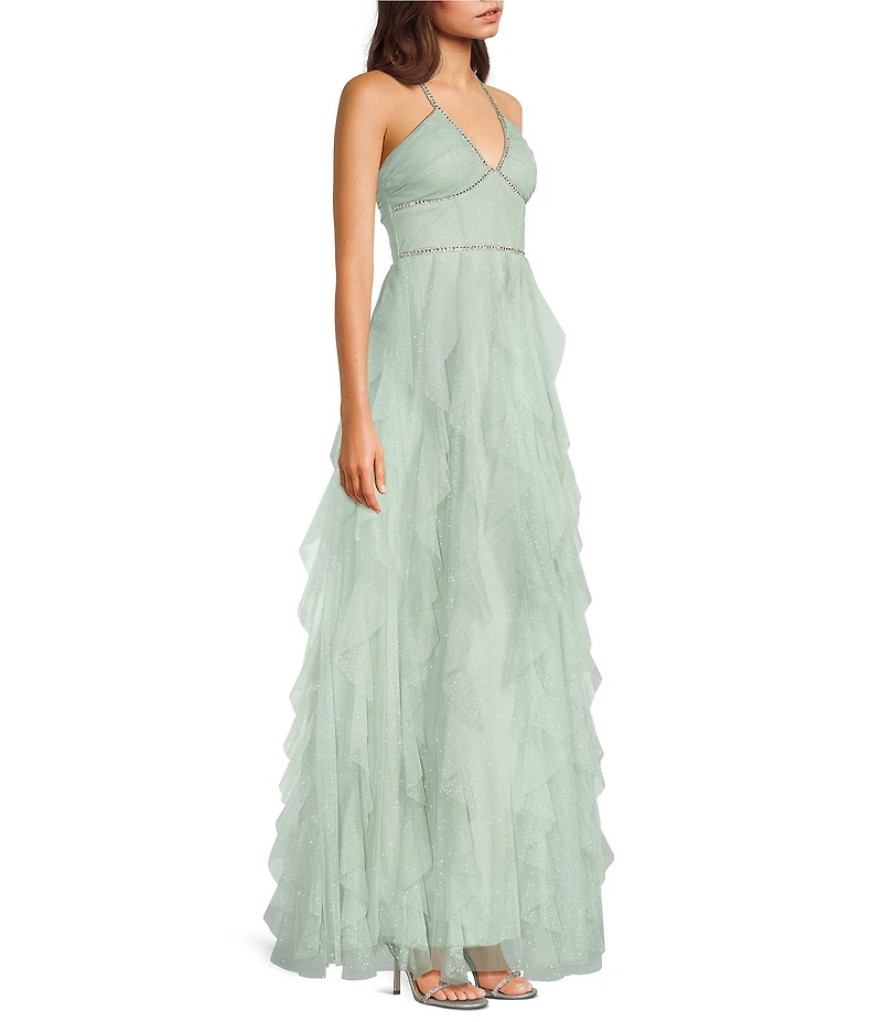 Pear Culture Glitter Mesh Rhinestone Halter Neck Corseted Ruffled Dress