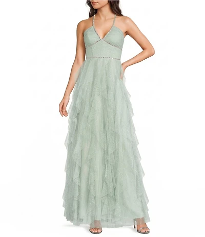 Pear Culture Glitter Mesh Rhinestone Halter Neck Corseted Ruffled Dress