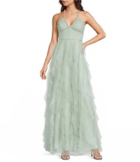 Pear Culture Glitter Mesh Rhinestone Halter Neck Corseted Ruffled Dress