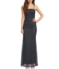 Pear Culture Glitter Mesh Ruched Long Dress