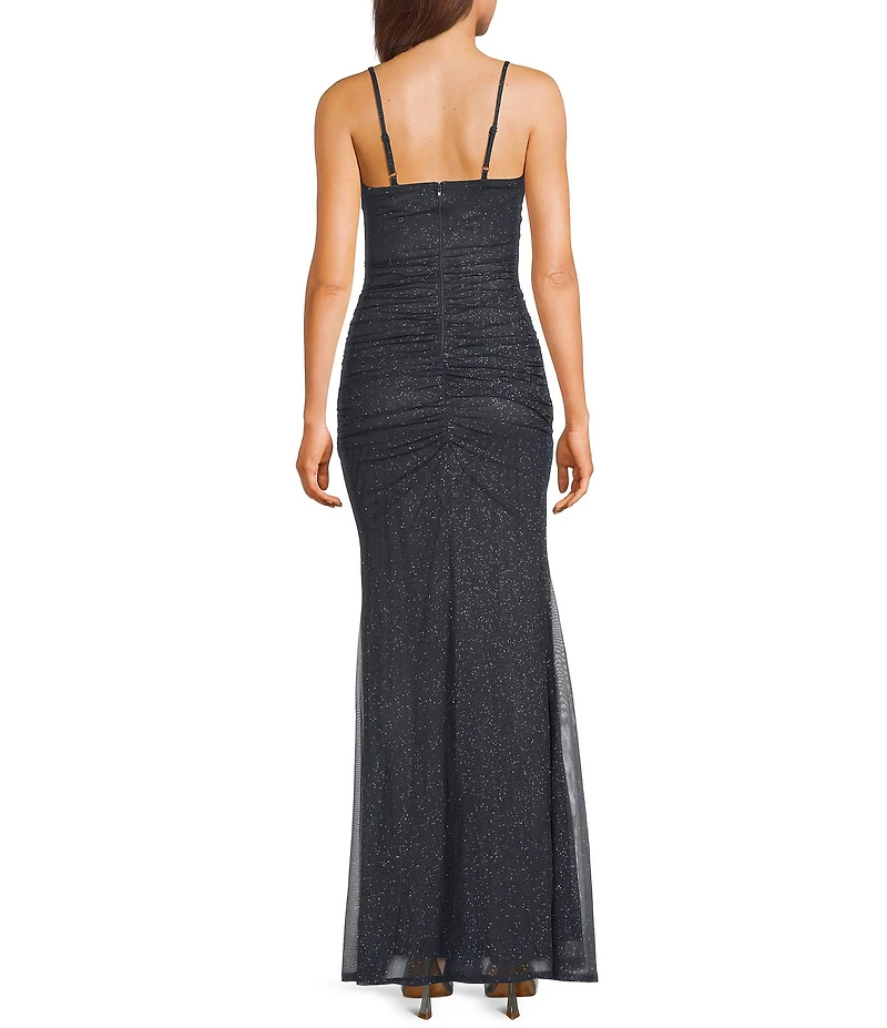 Pear Culture Glitter Mesh Ruched Long Dress