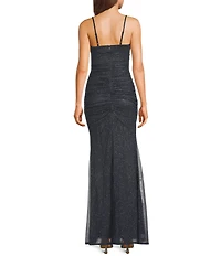 Pear Culture Glitter Mesh Ruched Long Dress