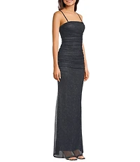 Pear Culture Glitter Mesh Ruched Long Dress