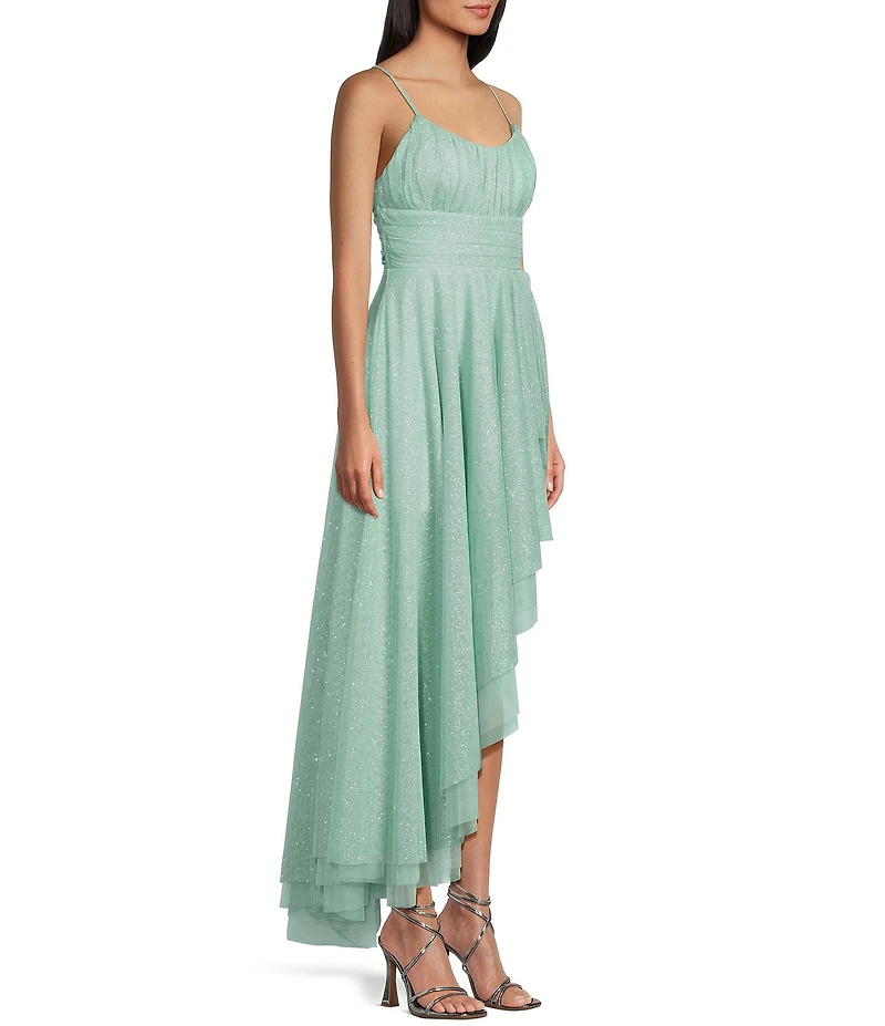 Pear Culture Glitter Mesh Scoop Neck Asymmetrical High Low Hem Dress