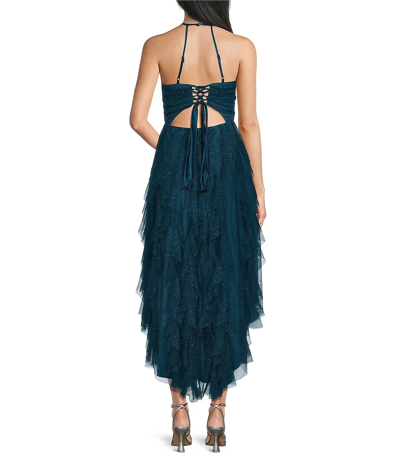 Pear Culture Glitter Mesh Scoop Neck Corkscrew Hi-Low Dress